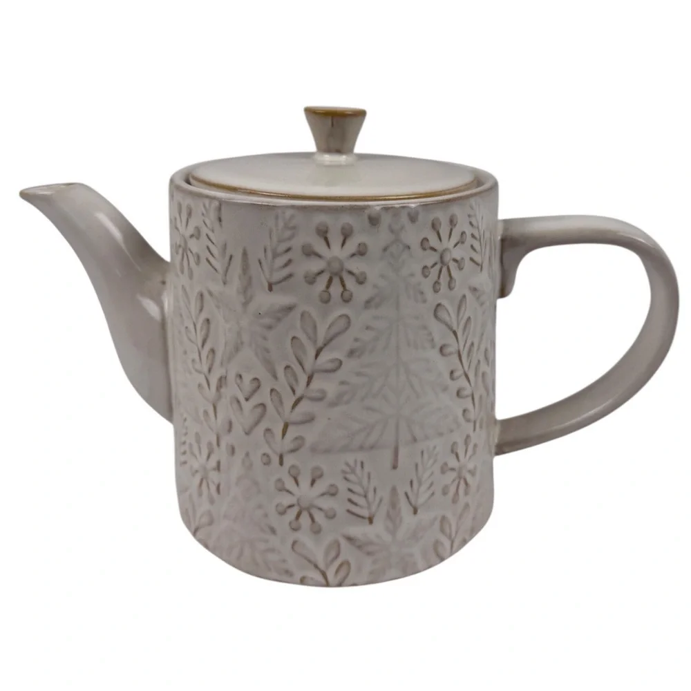 World Market Holiday Teapot Cream Reactive Glaze Embossed Ceramic NWT
